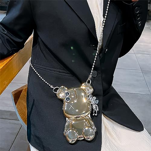 LANJINDENG Compatible with iPhone 12 Case Cute 3D Cartoon Gold Teddy Bear with Metal Chain Strap Bell Pendant Sparkle Bling Luxury Designer Soft Protection Cover for Women Girls