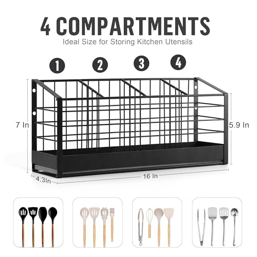 DTONIMA Large Utensil Holder for Kitchen Counter:Kitchen Cooking Utensil Holder Organizer with Diatomaceous Earth Base Matte Black (4 Compartments)