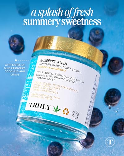 Truly Beauty Blueberry Kush Body Scrub with Hydroxy Acids and Vegan Collagen - Detoxifying Sugar Scrub for Women - Exfoliating Body Scrub for Flawless and Luminous Skin - 6 oz