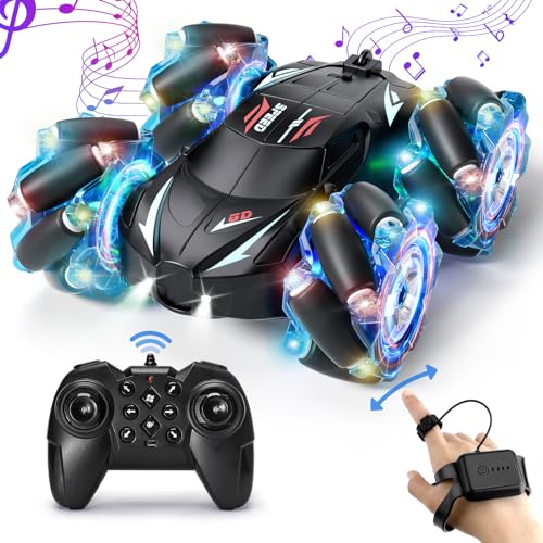 Jovow RC Stunt Car, 2.4GHz 4WD Gesture Sensing Remote Control Car with Cool Light and Music, Double-Sided 360° Flips RC Cars for Boys Age 6-12 8-12 Birthday Christmas Toy Cars(Blue)