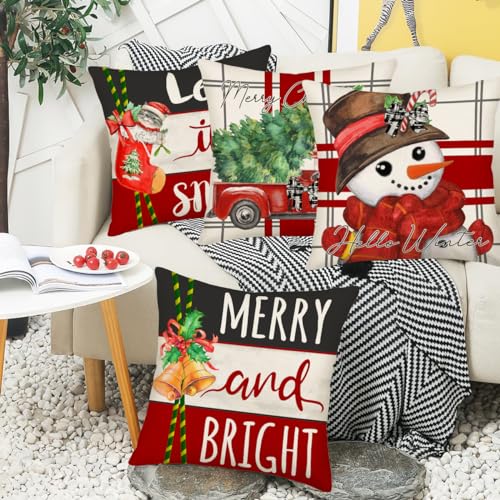 Smilyard Christmas Decorative Pillow Covers 16x16 Inch Set of 4 Merry Bright Christmas Tree Red Truck Snowman Let it Snow Cat Stocking Jingle Bells Decor Winter Pillows Cushion Case for Home Couch