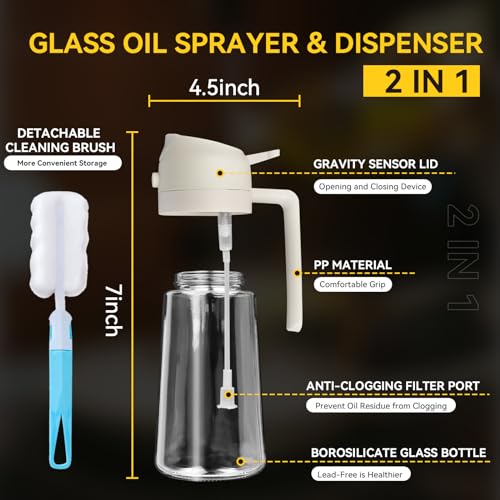 BABORUI 2 In 1 Oil Dispenser and Oil Sprayer, 2Pack 16oz Olive Oil Sprayer with Bottle Brush, Glass Oil Dispenser Bottle Spray and Pour for Air Fryer/Grill/Salads, Kitchen Gadgets for Cooking