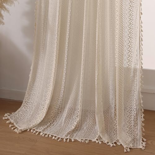 WAZZIO Boho Crochet Semi-Sheer Curtains - 108 Inch Long, 2 Panel Sets - Farmhouse Vintage Geometry Knitted Lace Beige Drapes with Retro Tassel for Living Room & Bedroom