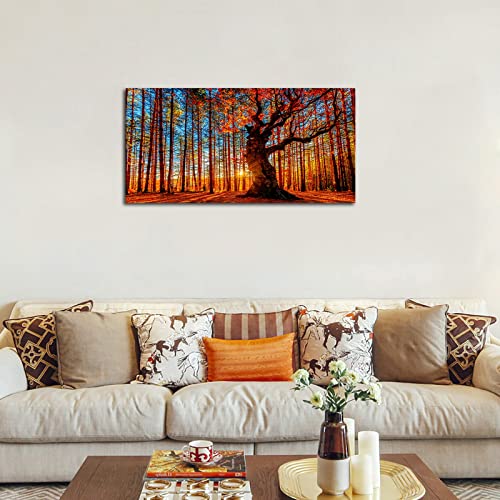 Large Forest Wall Art Forest Sunset Canvas Pictures Red Leaf Trees Landscape Canvas Artwork Contemporary Nature Picture for Living Room Bedroom Home Office Wall Decor Framed Ready to Hang 20" x 40"