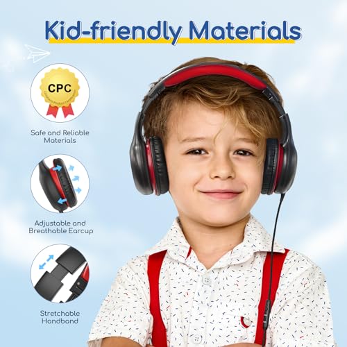 EarFun Kids Headphones Wired with Microphone, 85/94dB Volume Limit Headphones for Kids, Portable Wired Headphones with Shareport, Stereo Sound Foldable Headset for School/Tablet/PC/Kindle, Black Red