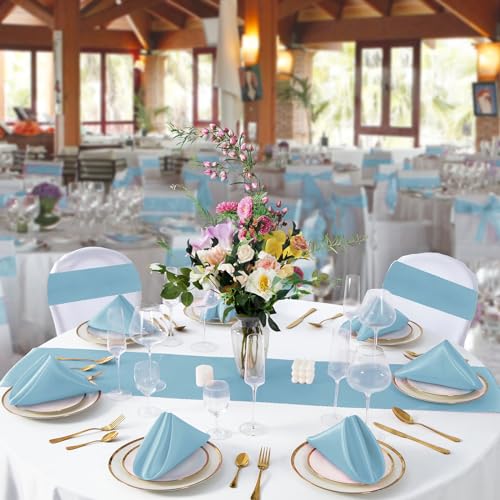 Horbaunal 100 Pack Satin Napkins 17" x 17" Square Dinner Napkins with Elegant Lace, Soft Cloth Napkins for Parties, Weddings, Events, Baby Blue