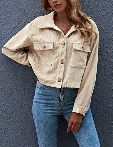 Gihuo Women's Fashion Cropped Shacket Button Down Corduroy Shacket Jackets Casual Plaid Long Sleeve Crop Shirts Jackets Tops (PlaidGreen-M)