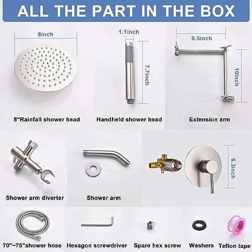 Rain Shower Head With Handheld Combo Set, Bathroom Shower System with Rough-in Valve, With Adjustable Extension Arm & 3-Way Diverter & Wall Mounted Shower Fixtures (8"round, Brushed Nickel)