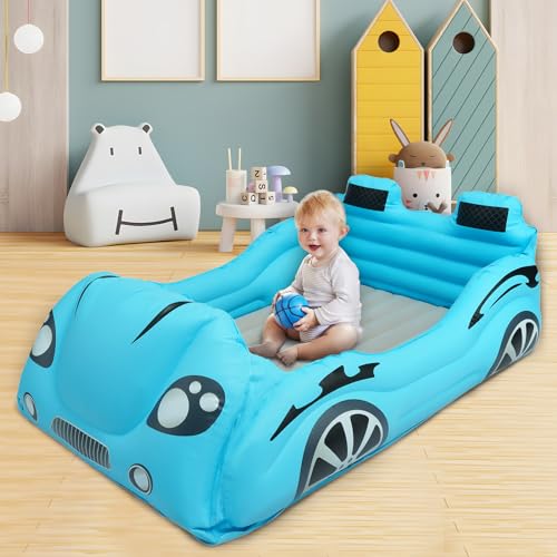 ROMPICO Inflatable Toddler Travel Bed with Safety Bumper,Portable Racecar Toddler Bed Air Mattress with 4 Sides for Kids, Ideal for Vacation,Camping and Sleepover,Electric Pump Included(Regular, Blue)
