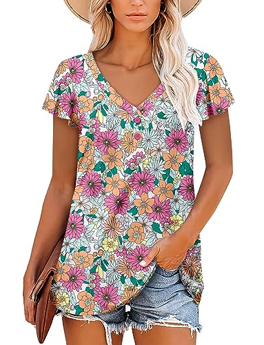 Womens Ruffle Short Sleeve Tunic Tops V Neck Loose Fit Flowy Color Bar Summer Tops M