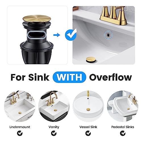 Bathroom Sink Drain with Overflow, Hurran Universal Bathroom Sink Stopper for Bathroom Vanity Vessel Sink, Rapid Draining Plastic Pop-up Sink Drain with Hair Catcher Anti-Clog Strainer, Brushed Gold
