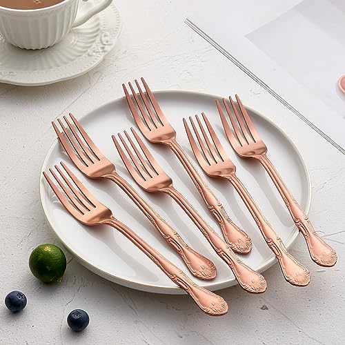 Matte Rose Gold Dessert Forks, FULLYWARE Stainless Steel Satin Finish Forks Silverware Salad Fork Set of 6, Rose Pattern Design, Dishwasher Safe