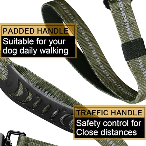 TINMARDA Heavy Duty Dog Leash with 2 Padded Handles & Advanced Easy Metal Clip, 4-6FT Shock Absorbing No Pull Dog Leashes for Medium Large Dogs That Pull (Army Green)