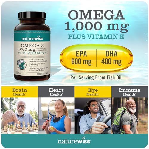 NatureWise Extra-Strength Omega 3 Fish Oil Supplement - 1000mg per Serving - 600 EPA & 400 DHA and Vitamin E - Support for Heart & Brain Health - Lemon Flavor, Non-GMO - 60 Softgels[1-Month Supply]