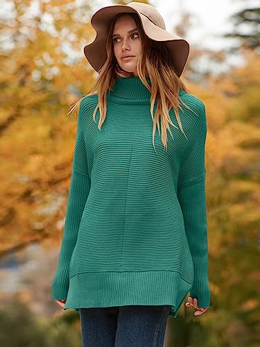 ANRABESS Women Oversized Turtleneck Long Batwing Sleeve Split Hem Pullover Knit Tunic Sweater Outfits 2024 Trendy Clothes Nutmeg Small