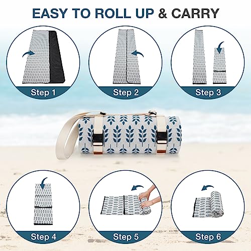 WILLOW WEAVE Picnic Blankets Washable | Beach Mat Sand Free Waterproof | Camping Blankets | Emergency Blankets | Picnic Baskets Accessories with Waterproof Backing and Shoulder Strap - BlueLeaf