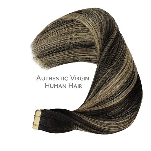 WENNALIFE Tape in Hair Extensions Human Hair, 20pcs 60g 26 inch Balayage Chocolate Brown to Caramel Blonde Remy Hair Extensions Straight Human Hair Tape in Extensions Skin Weft Tape Extensions