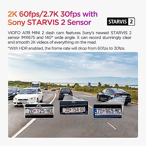 VIOFO Dash Cam A119 Mini 2, STARVIS 2 Sensor, 2K 60fps/HDR 30fps Voice Control Car Dash Camera with 5GHz Wi-Fi GPS, Night Vision 2.0, 24H Parking Mode, Supercapacitor, Support 512GB Max