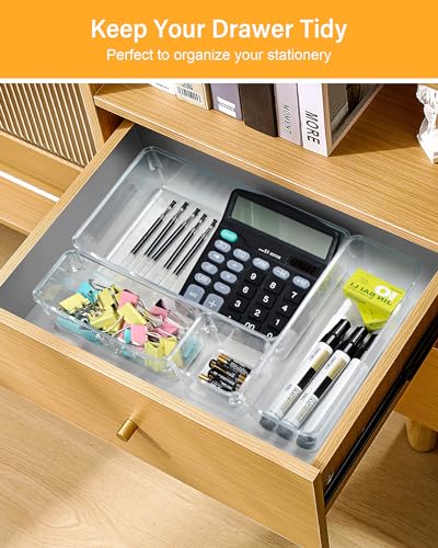 LUSCREAL 25 PCS Plastic Drawer Storage, 4 Sizes Clear Drawer Organizers, Versatile Drawer Dividers for Bathroom, Vanity, Makeup, Utensil, Kitchen and Office
