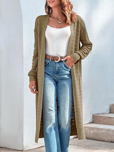 ZoeAce Womens Crochet Maxi Cardigan Sweaters Open Front Knit Long Sleeve Lightweight Duster Cardigan Casual Winter Outfits Yellow