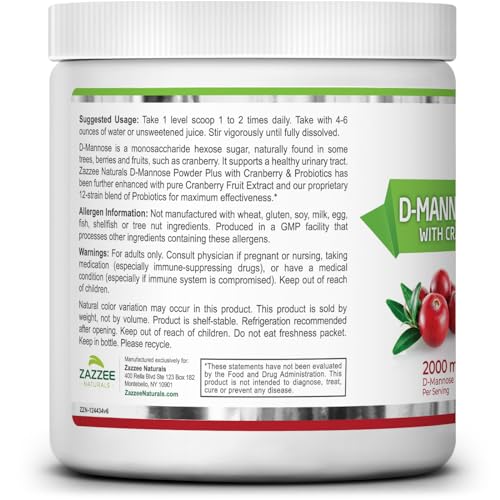 Zazzee D-Mannose Powder Plus, 2000 mg, 67 Servings, Potent & Fast-Acting, Plus 5 Billion CFU Probiotics and Pure Cranberry Juice Extract, Free Scoop, 6.5 Oz, Vegan, Gluten-Free, Non-GMO, All-Natural