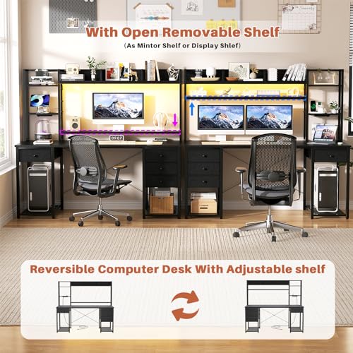 Aheaplus Desk with LED and Outlets, Gaming Desk with Hutch, 47.2'' Computer Desk with Drawers, Reversible Office Desk with Storage Bookshelf Large Workstation Desk with Shelf, Desk for Home, Black