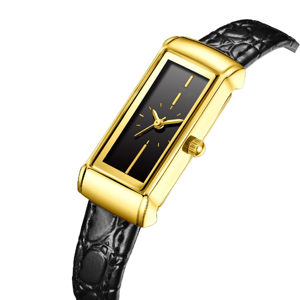 BESTKANG Women's Leather Watch Fashionable Rectangular Elegant Retro Waterproof Wrist Watch (Black Gold)