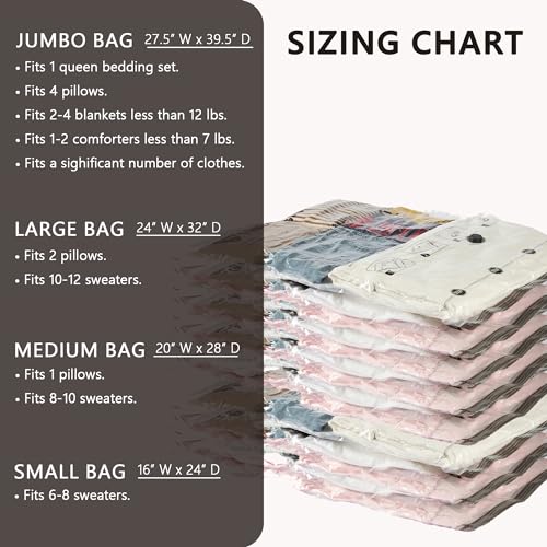 Vacuum Storage Bags 8 Small, Space Saver Bags with Travel Hand Pump, Compression Airtight Sealer Bags for Clothes, Bedding, Pillows, Comforters, Blankets