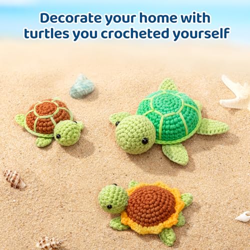 Mewaii Crochet Kit for Beginners, Crochet Animal Kit with Step-by-Step Video Tutorial, Learn to Crochet Starter Kit with 40%+ Tape Yarn, DIY Crochet Gifts for Kids Adults (Three Pack Turtles)