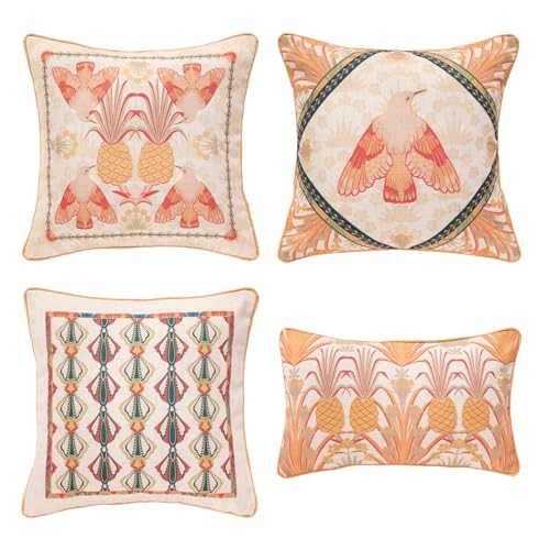 patdrea Designer Throw Pillow Covers Set of 4,Orange Rustic Linen with Pineapples Collection Pattern Pillows Cover,Decorative Lumbar and Square Pillowcases Cushion for Bed Living Room Outdoor Car