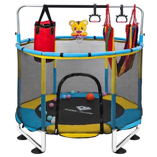 Trampoline for Kids, 5FT Adjustable Toddler Trampoline, Indoor/Outdoor Baby Trampoline with Enclosure Net, No-Gap Safe Design, Gifts for Boys & Girls (Pink) (Yellow Blue)