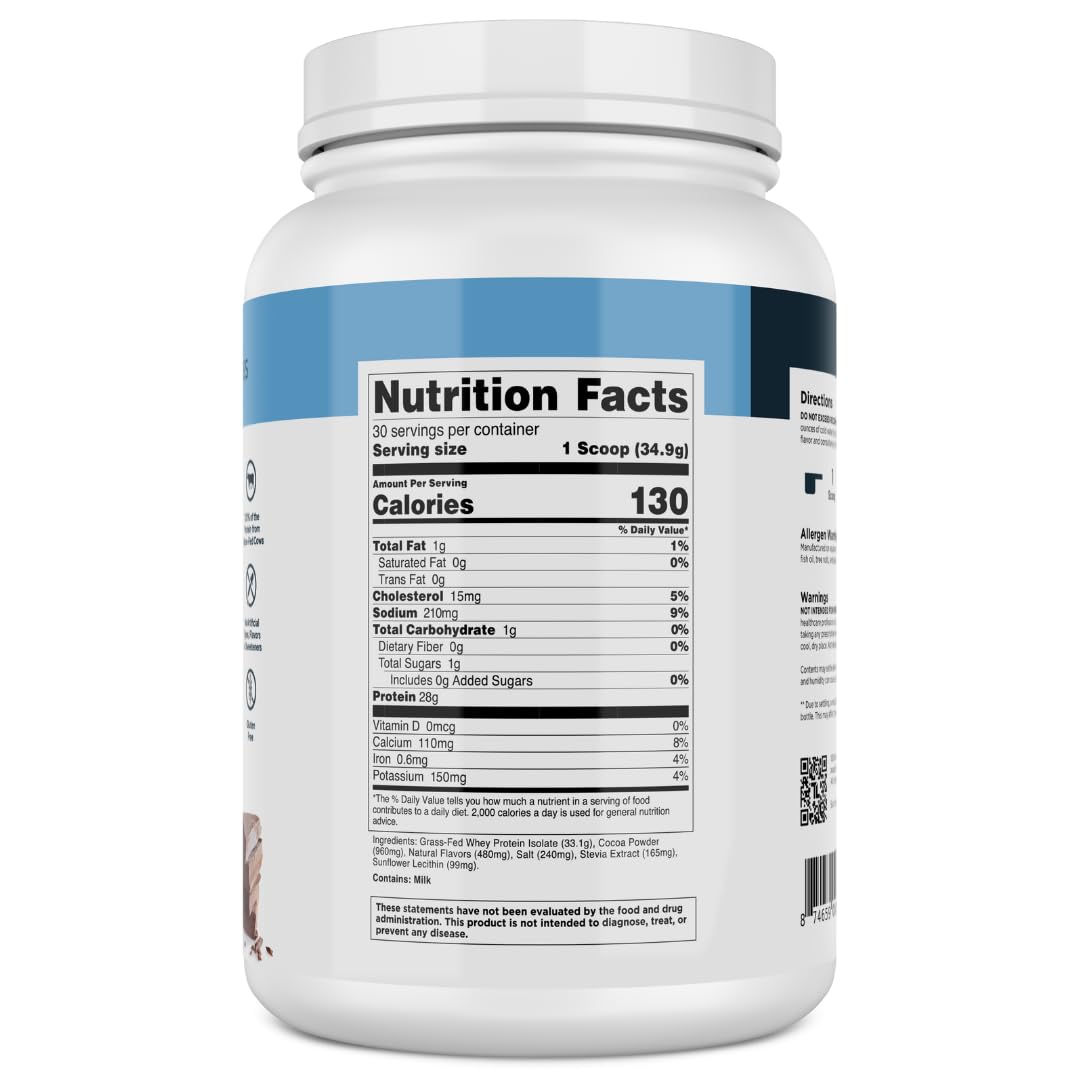 Transparent Labs Grass-Fed Whey Protein Isolate - Natural Flavor, Gluten Free Whey Protein Powder w/ 28g of Protein per Serving & 9 Essential Amino Acids - 30 Servings, Milk Chocolate