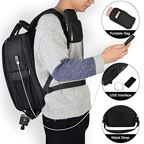 CADeN DSLR Camera Backpack Bag Waterproof Anti Theft with 15.6 inch Laptop Compartment, USB Charging Port, Tripod Holder, Rain Cover, Inner Case, Compatible for Sony Canon Nikon Olympus Black
