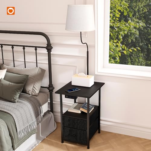 addlon Floor Lamp with Side Table, Nightstand with Charging Station, 3 Color Temperatures 9W LED Bulb, Floor Lamps for Living Room, Bedroom, Storage End Tables Living Room - Black