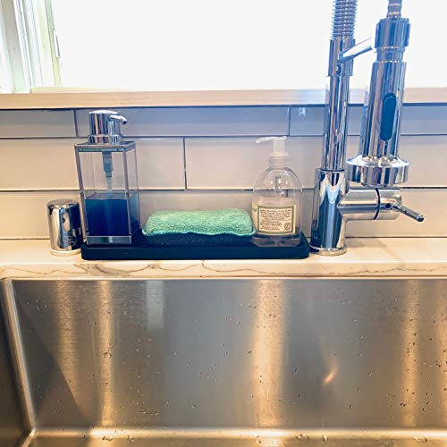 Happitasa Silicone Kitchen Sink Organizer Tray, Sponge Holder and Countertop Protector | Bathroom and Kitchen Soap Dish and Dispenser Tray (Black, 10" x 5.25", 10.3 Ounces, Zigzag)