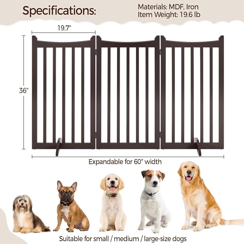 Yaheetech 36" H Extra Tall Freestanding Pet Gate 3-Panel Wooden Dog Fence with 2 Support Feet Folding Dog Gate for Indoor, Stairs, Doorways, Halls, Kitchen Wooden Pet Barrier Espresso, 60" L x 36" H