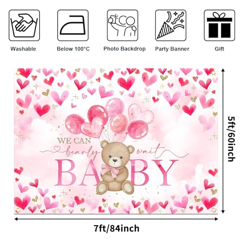 Avezano Bear Baby Shower Backdrop for Girl Pink Hearts Balloons Bear Theme Baby Shower Photo Background We Can Bearly Wait Baby Shower Party Decorations (7x5ft)