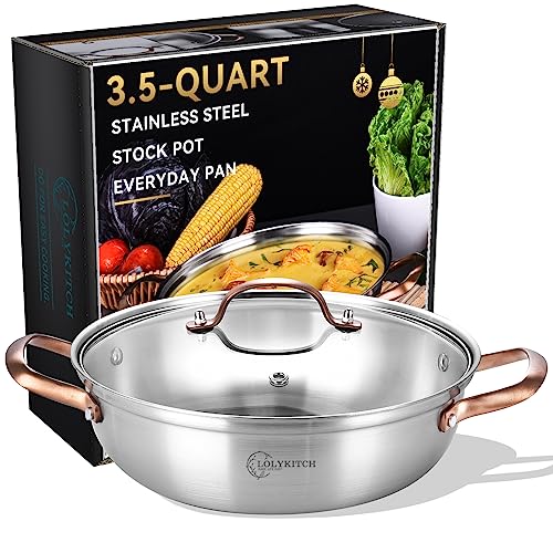 LOLYKITCH 11 Inch Tri-Ply Stainless Steel Sauté Pan with Lid,3.5 QT Everyday Pan,Kadhai,Induction Cooking Pan,Dishwasher and Oven Safe.