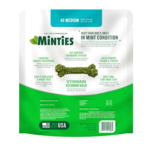 Minties Dental Chews for Dogs, 40 Count, Vet-Recommended Mint-Flavored Dental Treats for Medium Dogs 25-50 lbs, Dental Bones Clean Teeth, Fight Bad Breath, and Removes Plaque and Tartar