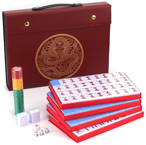 Mose Cafolo Chinese Mahjong Game Set 1.5" X-Large 144 Numbered White Blue Melamine Tiles with Carrying Travel Case,Complete Majong Majiang, Mah Jonng Game Set