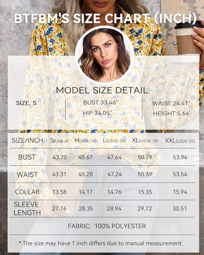 BTFBM Women's Spring Summer Blouse Tops 2024 V Neck Lantern Long Sleeve Floral Boho Loose Casual Blouses Vacation Shirt(Floral Pink Yellow, Large)