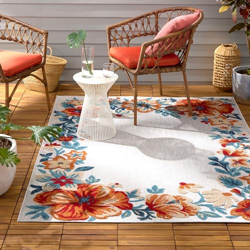TOWN & COUNTRY EVERYDAY Hibiscus Bloom Border Modern Floral Indoor Outdoor Area Rug, UV Fade Resistant, High-Low Pile, Grey/Red/Blue, 3'11"x5'2"