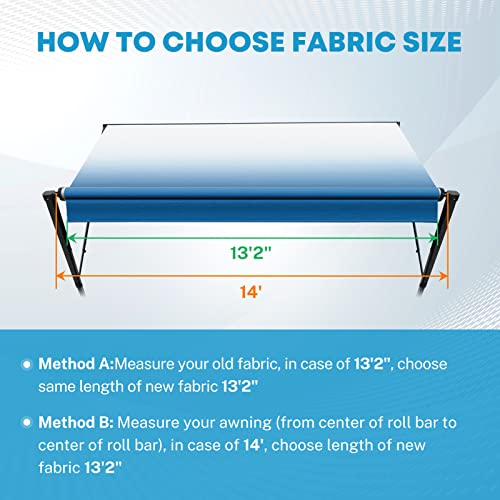 Kohree 14' Rv Awning Fabric Replacement, 19oz Durable Heavy Duty Weatherproof Anti-Fading Awning Fabric with Pull Strap, Outdoor Canopy for Camper, Trailer, Motorhome, Blue Fade, (Fabric 13'2")