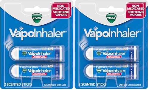 Vicks VapoInhaler, On-The-Go Portable Nasal Inhaler, Non-Medicated, with Refreshing Vapors, Menthol Scent, 2 Scented Sticks (Pack of 2)