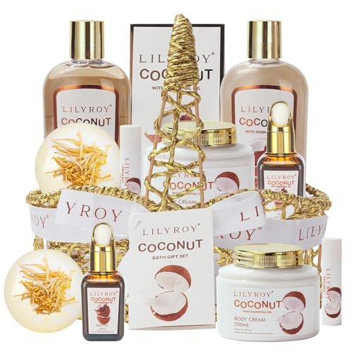 LILY ROY Perfumes Coconut Spa Gift Baskets Set for Women Men Bath and Body Gift Basket Spa Bath Gift Sets Bath Spa Kit Set Self Skin Care Gift Basket for Birthday Christmas Mothers Fathers Day