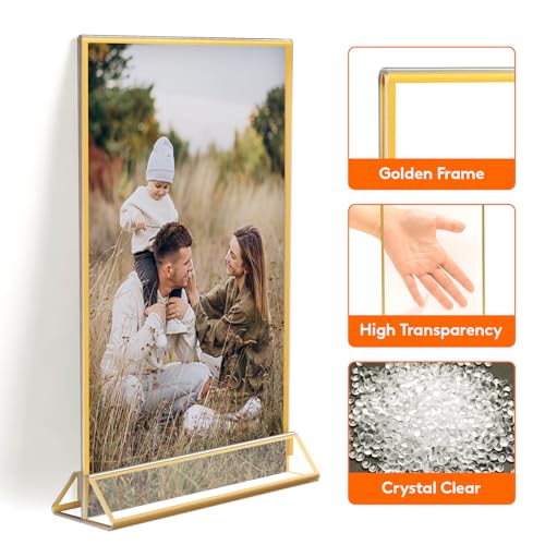 Lifewit 6 Pack 4x6 Acrylic Sign Holder with Gold Borders, Clear Vertical Double-sided Stand, Plastic Menu Holders, Table Number Holders Picture Frames for Wedding, Party, Restaurant decor