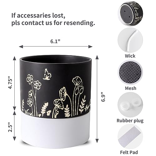 Nihow Self Watering Plant Pot: 6 Inch Ceramic Planter with Drainage Hole & Water Storage Plus for Indoor & Outdoor Plants - Cylinder Round Flower Pot for Succulent/Herbs/Violets -Black