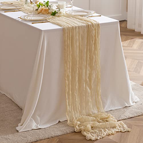 joybest 6 Pcs Beige Cheesecloth Table Runner, 10 FT Boho Gauze Table Runner Rustic Romantic Sheer Runner for Wedding Party Bridal Birthday Baby Shower Table Decorations