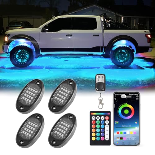 4Pods Segmented RGB LED Rock Lights with APP/RF Remote, Multicolor Neon Underglow Lights Vehicle Exterior Lights Multi Zone 12v Waterproof Underbody for Truck Jeep UTV ATV SUV SXS Golf Cart Offroad