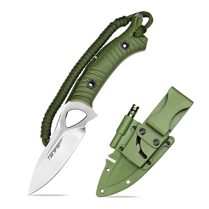 TONIFE Explorer Fixed Blade Knife with Plastic Sheath 8Cr14MoV Blade Survival Knife, Fiberglass Reinforced Nylon Handle for Outdoor Camping Knife EDC Knife (Green+Satin)